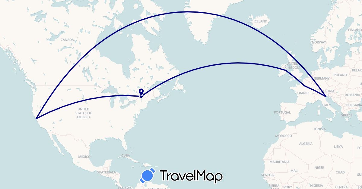 TravelMap itinerary: driving in Canada, France, Ireland, Italy, United States (Europe, North America)